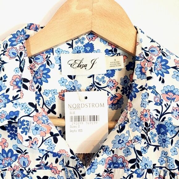 NWT Eliza J Floral Button Front Tiered Puff Sleeve 100% Cotton Shirt Dress SZ 0 - Picture 2 of 10